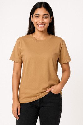Born Basic Solid Couple Round Neck Beige T-Shirt