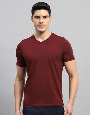 MH MOGHAHILLS Solid Men V Neck Maroon T-Shirt