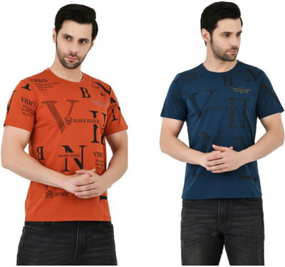 Sageware Typography Men Round Neck Orange, Blue T-Shirt