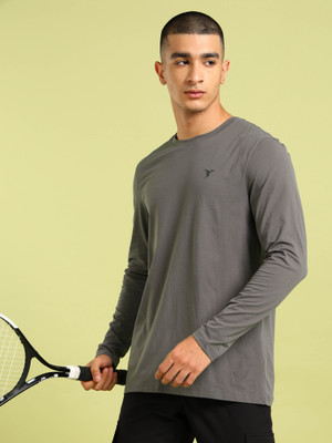 TECHNOSPORT Solid Men Crew Neck Grey T-Shirt