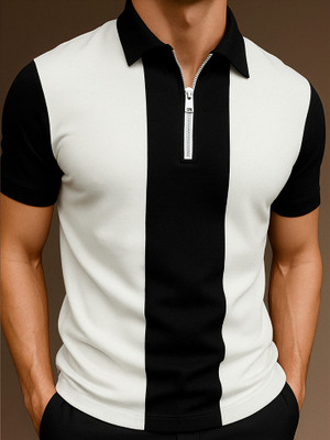 Try This Colorblock Men Zip Neck White T-Shirt