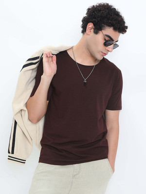 SHOWOFFFF Solid Men Round Neck Brown T-Shirt