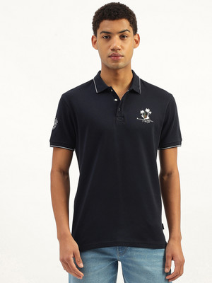 United Colors of Benetton Printed Men Polo Neck Blue T-Shirt