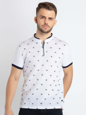 Status Quo Printed Men Mandarin Collar White T-Shirt