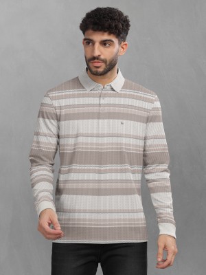 Bullmer Striped Men Polo Neck Beige, Grey T-Shirt