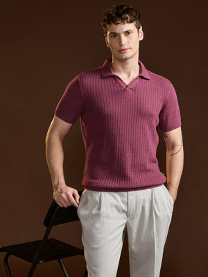 THE BEAR HOUSE Self Design Men Polo Neck Pink T-Shirt