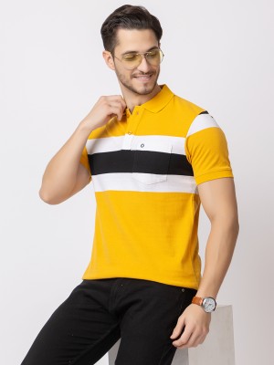 ARIIX Striped Men Polo Neck Yellow T-Shirt