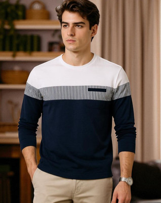 Autna Printed Men Round Neck Navy Blue, White T-Shirt