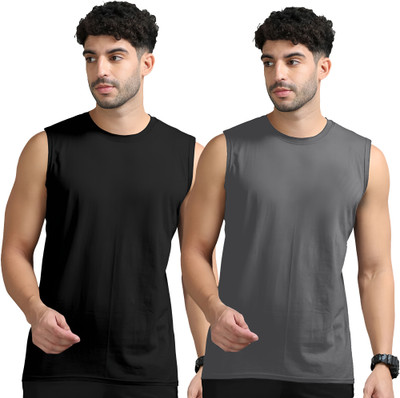 Adorbs Solid Men Round Neck Black, Grey T-Shirt