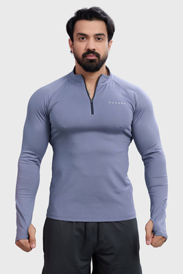 FuaarK Solid Men Zip Neck Grey T-Shirt