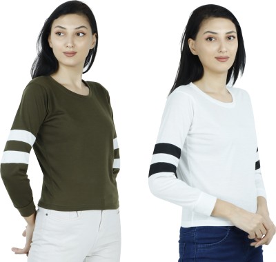 MIXFIT Self Design Women Round Neck White, Dark Green T-Shirt