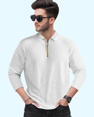 TEMUK Self Design Men Zip Neck White T-Shirt