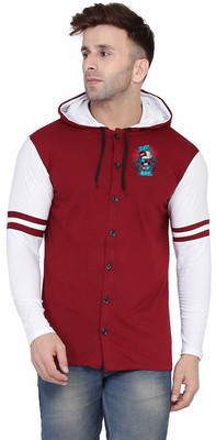 GEUM Solid Men Hooded Neck Maroon, White T-Shirt