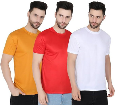 P collection Solid Men Round Neck Yellow, Red, White T-Shirt