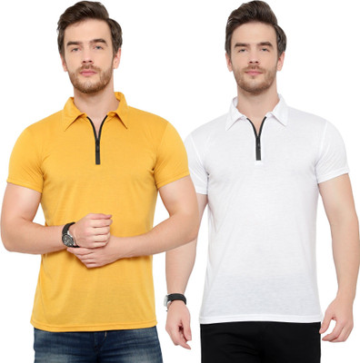 JB Jangoboy Solid Men Polo Neck Gold, White T-Shirt