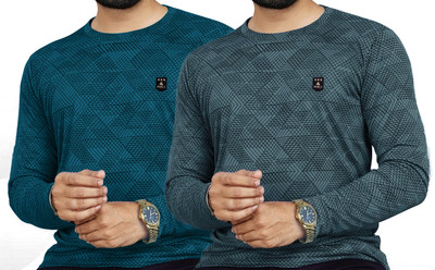 AVOLT Self Design Men Round Neck Dark Blue, Grey T-Shirt