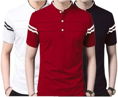 Style Pitara Solid Men Mandarin Collar Red, White, Black T-Shirt
