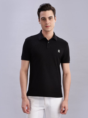 TOMMY HILFIGER Self Design Men Polo Neck Black T-Shirt