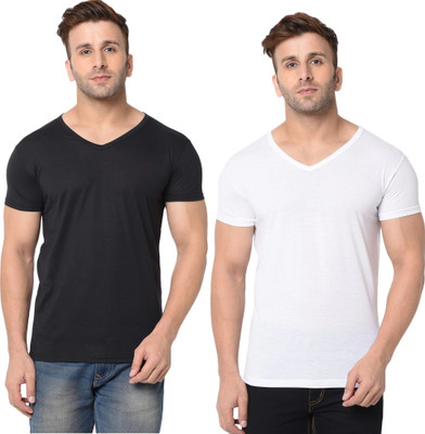 JB Jangoboy Solid Men V Neck White, Black T-Shirt