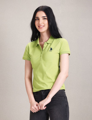 U.S. POLO ASSN. Solid Women Polo Neck Green T-Shirt