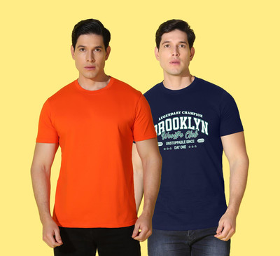WOOSTRO Printed Men Round Neck Blue, Orange T-Shirt