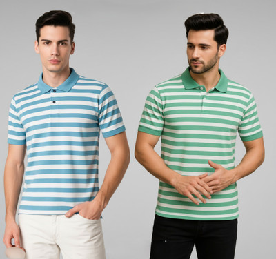 cnw Striped Men Polo Neck Multicolor T-Shirt