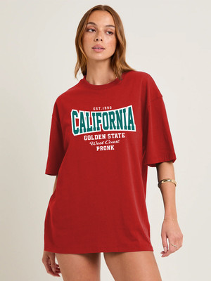 Pronk Printed Women Round Neck Red T-Shirt