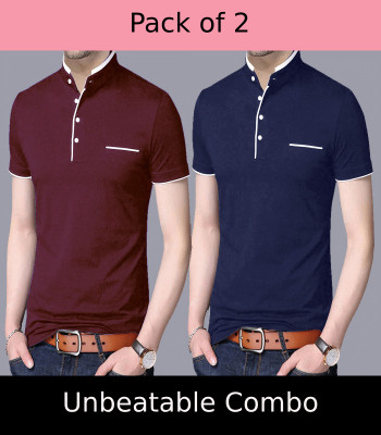 Reya Solid Men Mandarin Collar Multicolor T-Shirt
