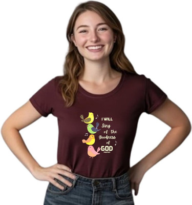 Witty Curlss Printed Women Round Neck Maroon T-Shirt