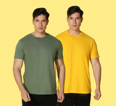 WOOSTRO Solid, Printed Men Round Neck Green, Yellow T-Shirt