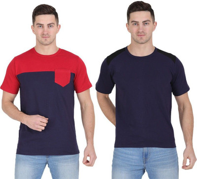 Styvibe Colorblock Men Round Neck Dark Blue, Red, Black T-Shirt