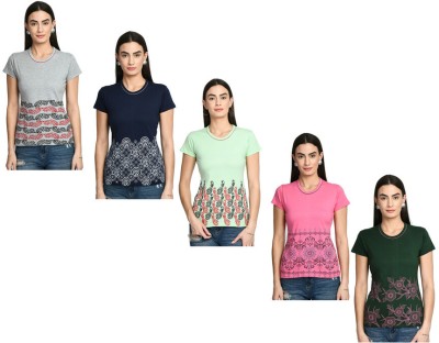 KAVYA Printed Women Round Neck White, Pink, Dark Green T-Shirt