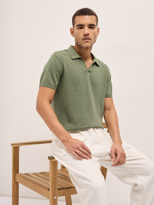 THE BEAR HOUSE Self Design Men Polo Neck Green T-Shirt