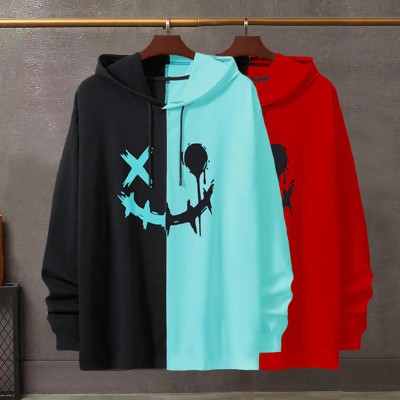 Try This Printed Men Hooded Neck Light Blue, Red T-Shirt