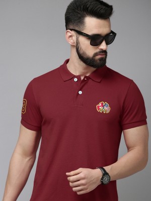 Merriment Solid Men Polo Neck Maroon T-Shirt