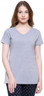 PROTEENS Solid Women V Neck Grey T-Shirt