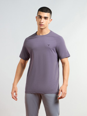 TECHNOSPORT Solid Men Round Neck Purple T-Shirt