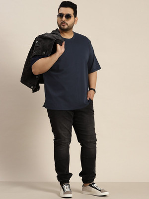 Sztori Solid Men Round Neck Navy Blue T-Shirt
