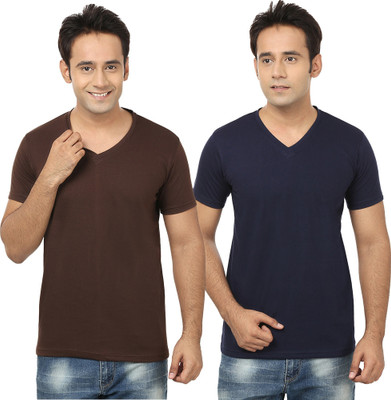 Tresna Fab Self Design, Solid Men V Neck Dark Blue, Brown T-Shirt