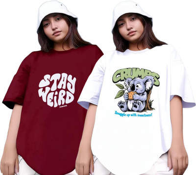 R S Fashion Printed Women Round Neck Maroon, White T-Shirt
