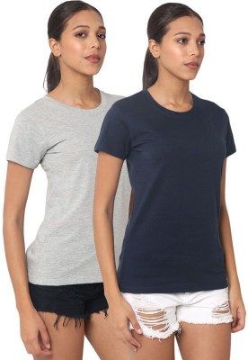 Figurefab Self Design Women Round Neck Grey, Navy Blue T-Shirt