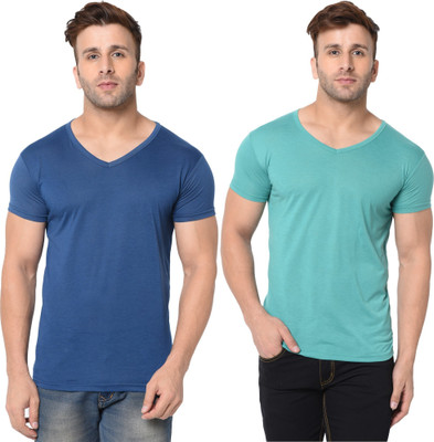 Tresna Trending Solid Men V Neck Dark Blue, Light Green T-Shirt