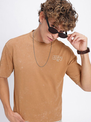 Glitchez Solid Men Round Neck Brown T-Shirt
