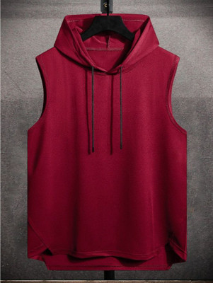 FURRR Solid Men Hooded Neck Maroon T-Shirt