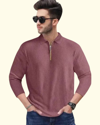 TELOXY Self Design Men Zip Neck Pink T-Shirt