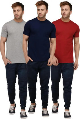 Brainbees Solid Men Round Neck Silver, Dark Blue, Red T-Shirt
