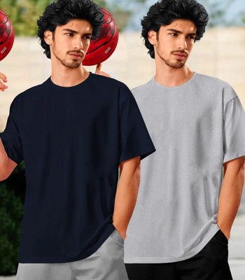 TRIPR Solid Men Round Neck Navy Blue, Grey T-Shirt
