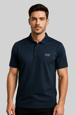 Sportz Fit Solid Men Polo Neck Navy Blue T-Shirt