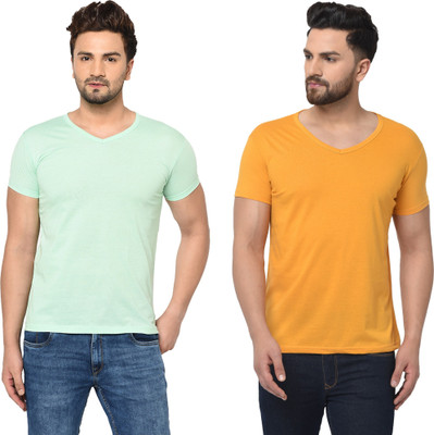 Adorbs Trend Solid Men V Neck White, Yellow T-Shirt