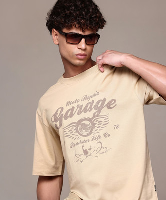 Roadster Printed Men Round Neck Beige T-Shirt